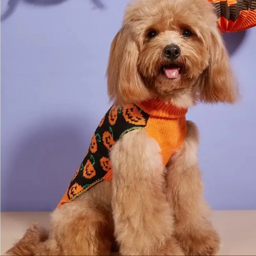 Halloween Pumpkin Dog Sweater Size Large Knit Orange Black Jack O Lantern